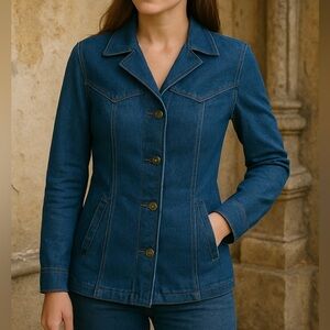 Vintage Cotton Denim Blue Jean Coat Women Small Casual Western Boho Fitted Retro